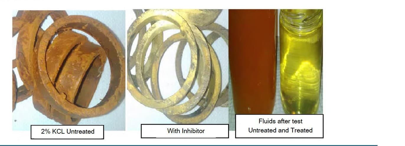 Coiled-tubing coupons: untreated rings heavily rusted, inhibited rings clean, and treated vs untreated fluids.