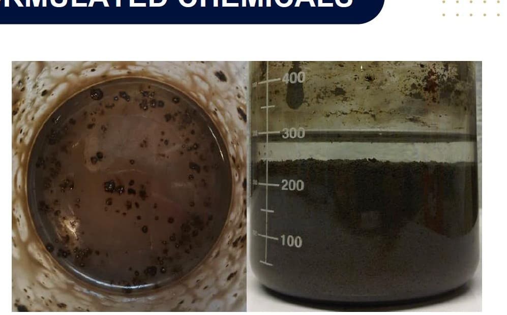 Mining tailings sludge — over 50% solids — before and during OC 360 clarification.
